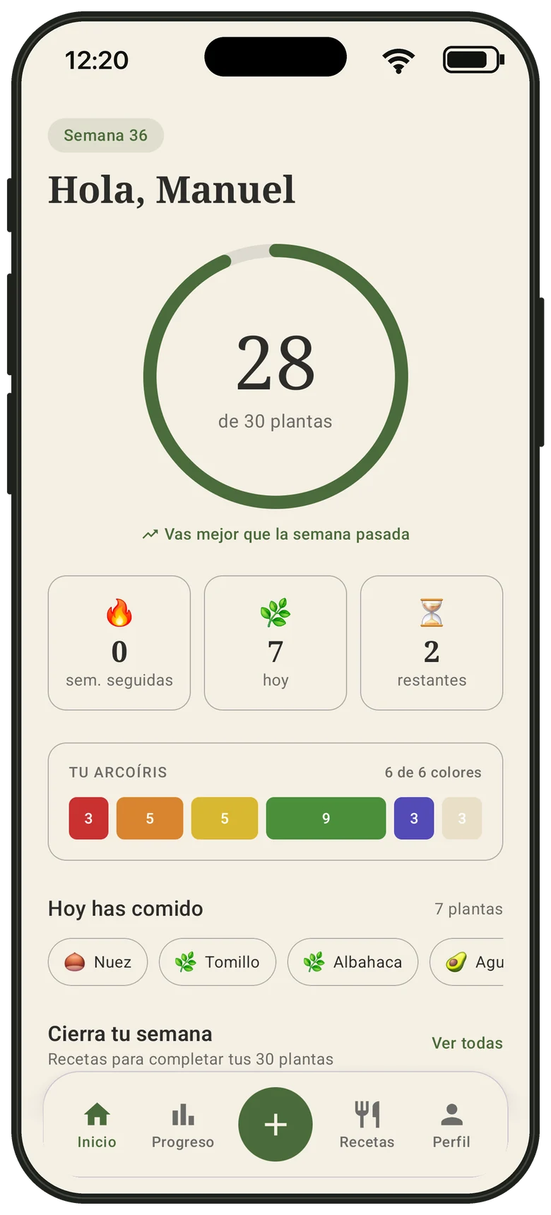 Pantalla de inicio de Hojaria con 28 de 30 plantas esta semana